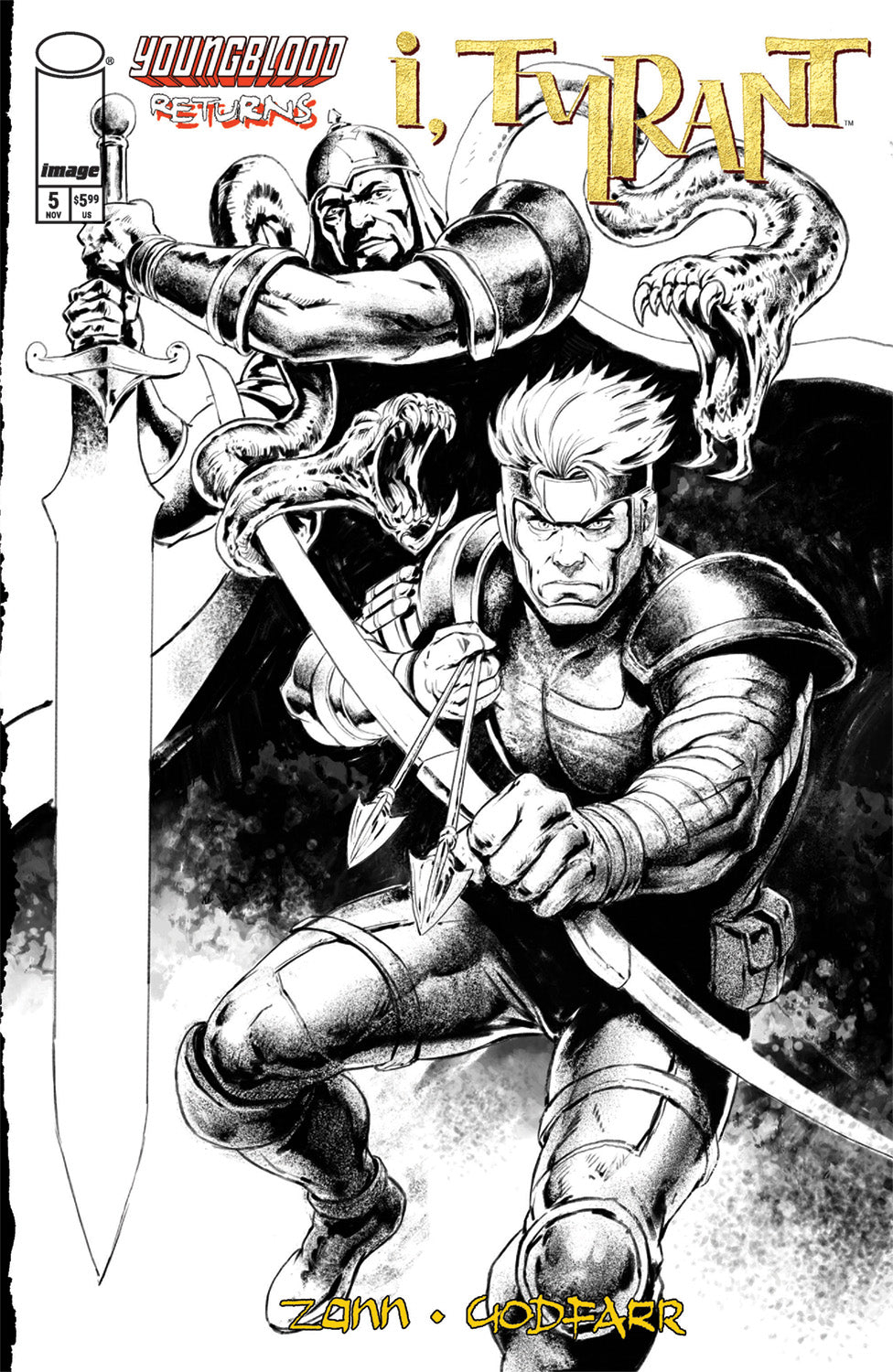 I TYRANT #5 CVR E GODFARR YOUNGBLOOD B&W TEAM UP VIRGIN VAR (MR)