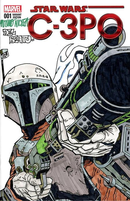 DF MARVEL COMICS STAR WARS COMMISSIONED COVER ART SIGNED AND REMARKED BY MARIANO NICIEZA AND JOE DELBEATO WITH A MANDALORIAN SKETCH Allocations may occur.