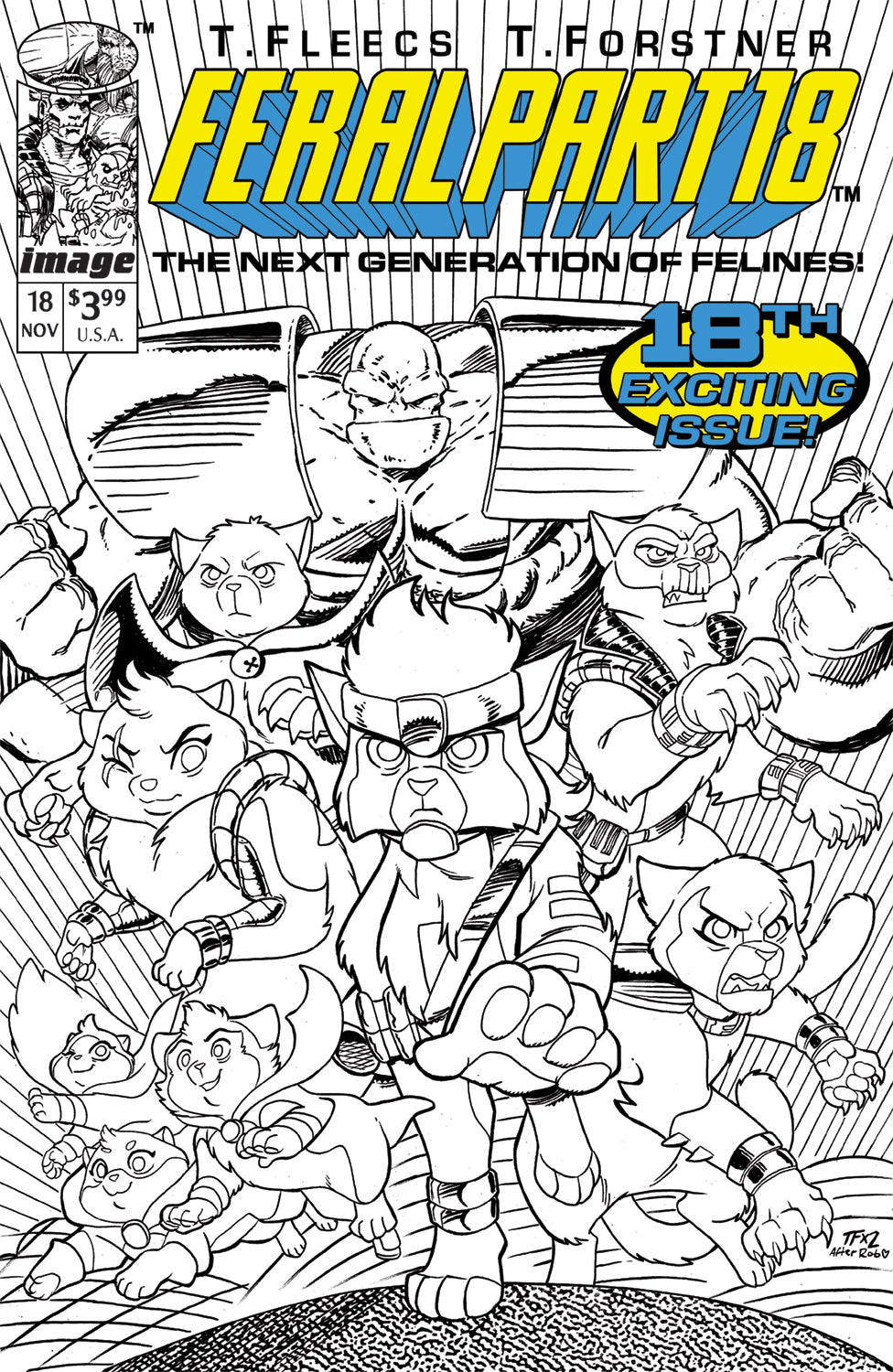 FERAL #18 CVR E TONY FLEECS & TRISH FORSTNER YOUNGBLOOD TEAM UP B&W VIRGIN VAR