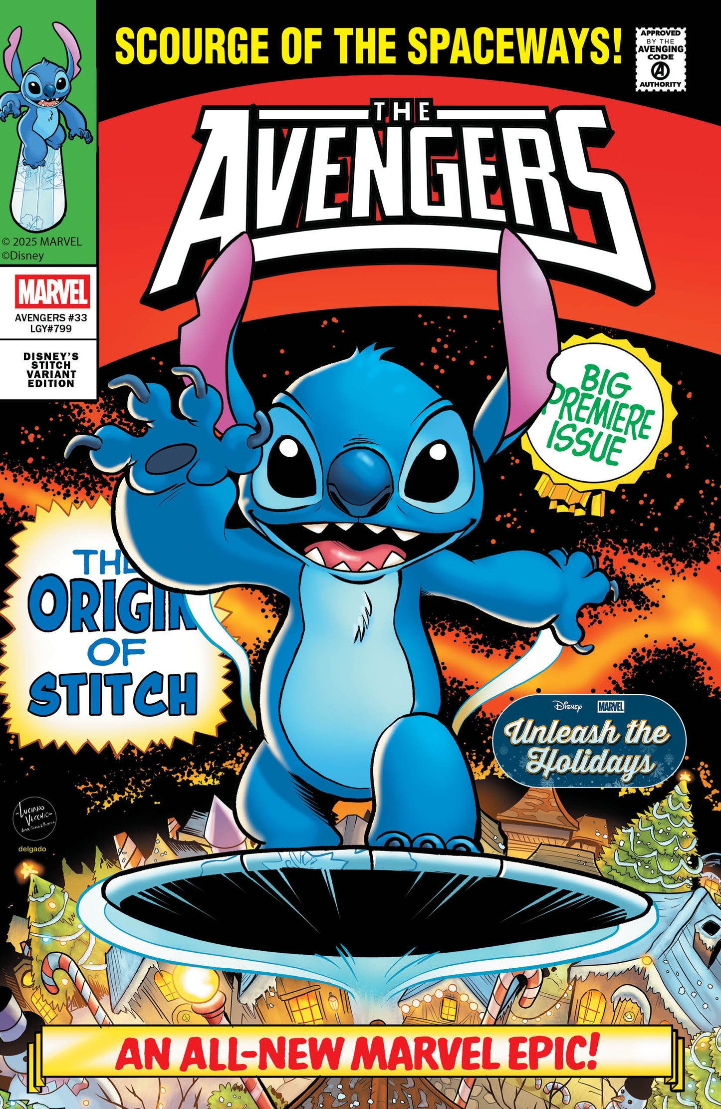 AVENGERS #33 LUCIANO VECCHIO DISNEY STITCH UNLEASH THE HOLIDAYS VARIANT